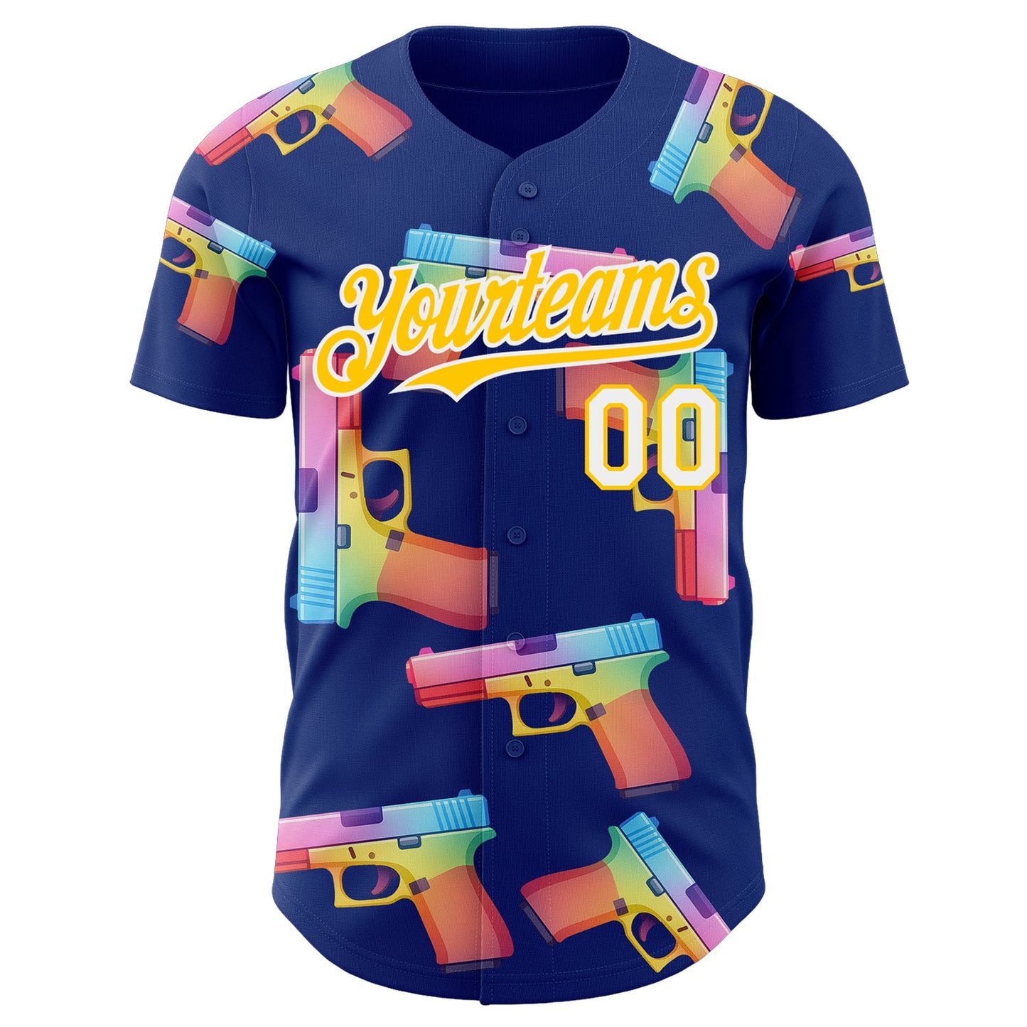 Custom Royal Yellow-White Colorful Firepower 3D Pattern Design Authentic Baseball Jersey view 2