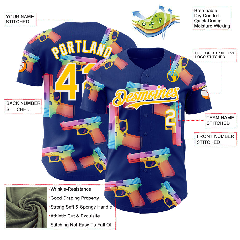 Custom Royal Yellow-White Colorful Firepower 3D Pattern Design Authentic Baseball Jersey view 3