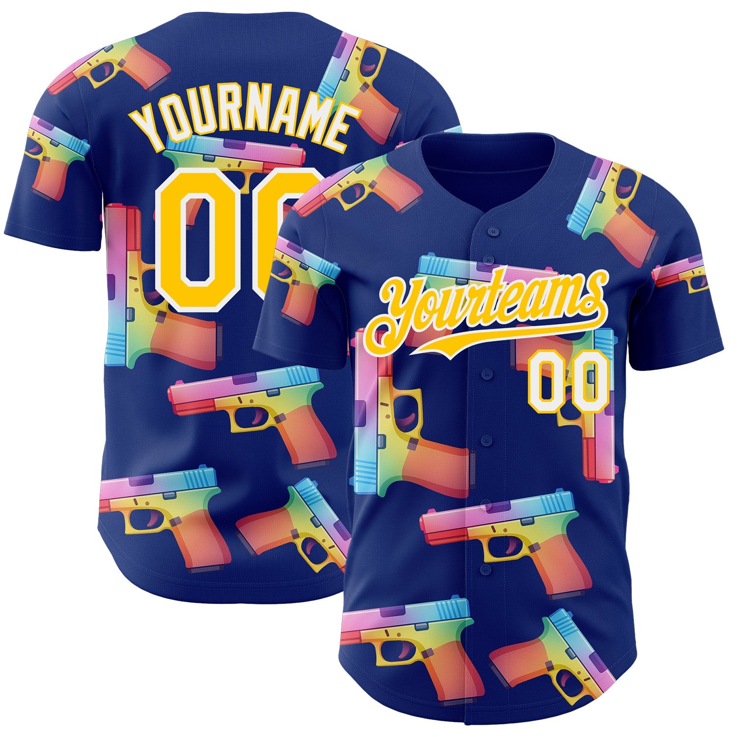 Custom Royal Yellow-White Colorful Firepower 3D Pattern Design Authentic Baseball Jersey - Main View