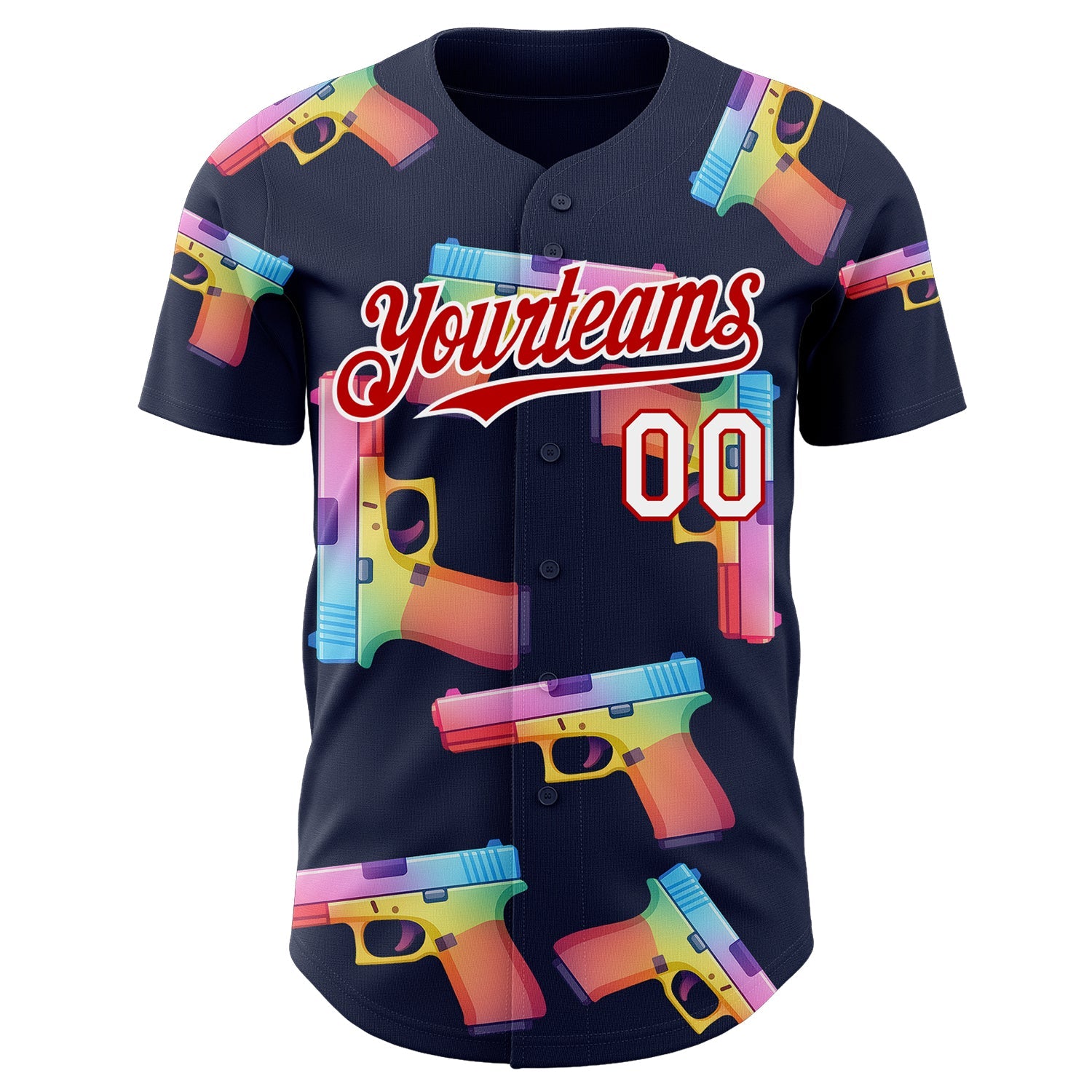 Custom Navy Red-White Colorful Firepower 3D Pattern Design Authentic Baseball Jersey view 2