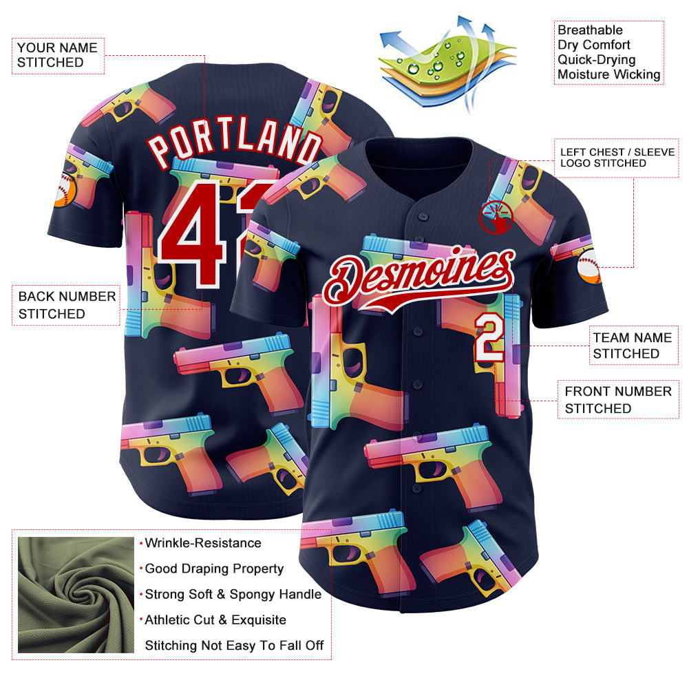 Custom Navy Red-White Colorful Firepower 3D Pattern Design Authentic Baseball Jersey view 3