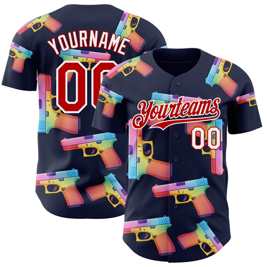 Custom Navy Red-White Colorful Firepower 3D Pattern Design Authentic Baseball Jersey - Main View