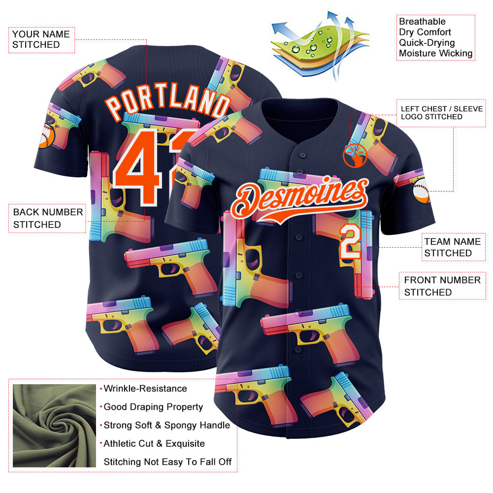 Custom Navy Orange-White Colorful Firepower 3D Pattern Design Authentic Baseball Jersey view 3