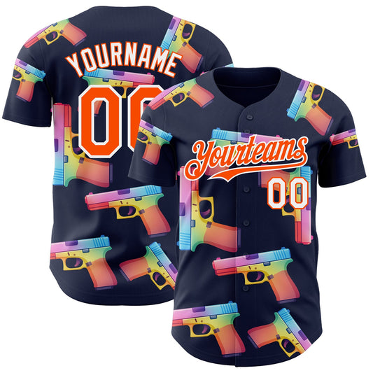 Custom Navy Orange-White Colorful Firepower 3D Pattern Design Authentic Baseball Jersey - Main View