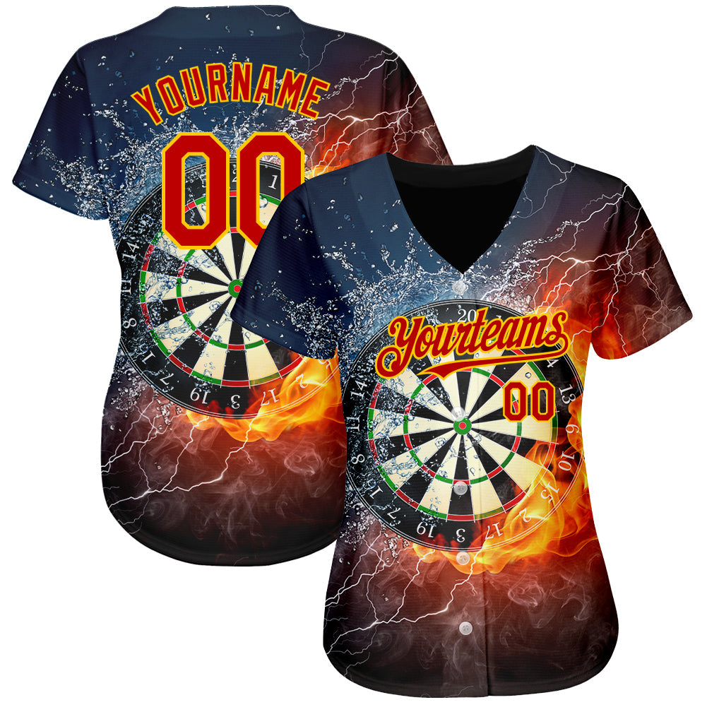 Custom Black Red-Gold 3D Pattern Design Flame Dart Board Authentic Baseball Jersey view 2