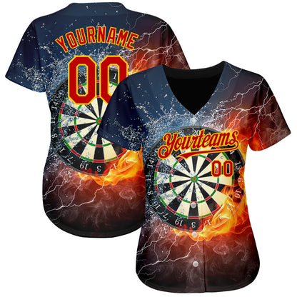 Custom Black Red-Gold 3D Pattern Design Flame Dart Board Authentic Baseball Jersey view 2