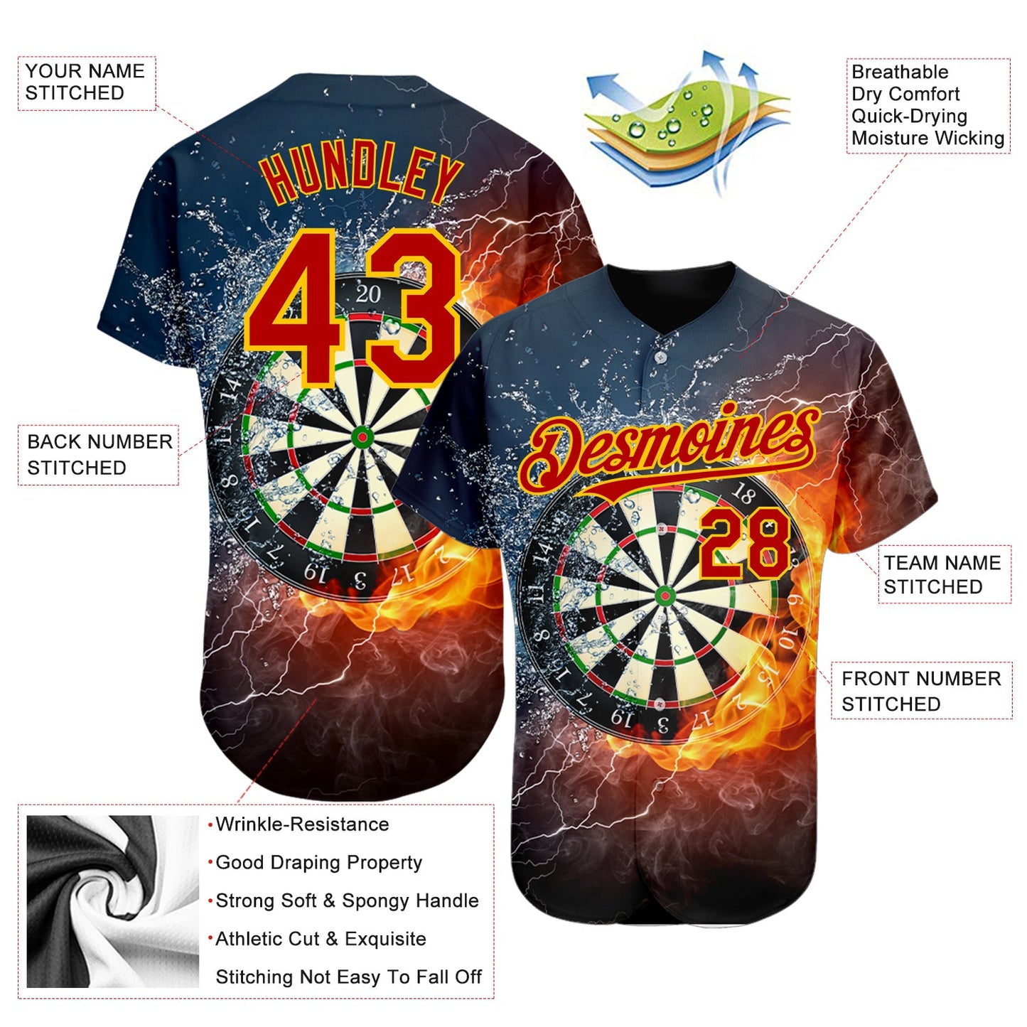 Custom Black Red-Gold 3D Pattern Design Flame Dart Board Authentic Baseball Jersey view 3
