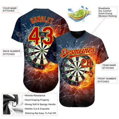 Custom Black Red-Gold 3D Pattern Design Flame Dart Board Authentic Baseball Jersey view 3