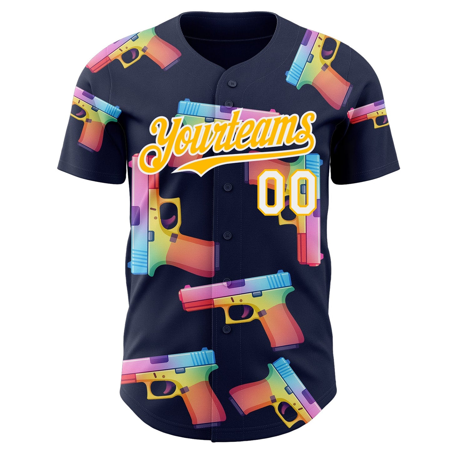 Custom Navy Gold-White Colorful Firepower 3D Pattern Design Authentic Baseball Jersey view 2