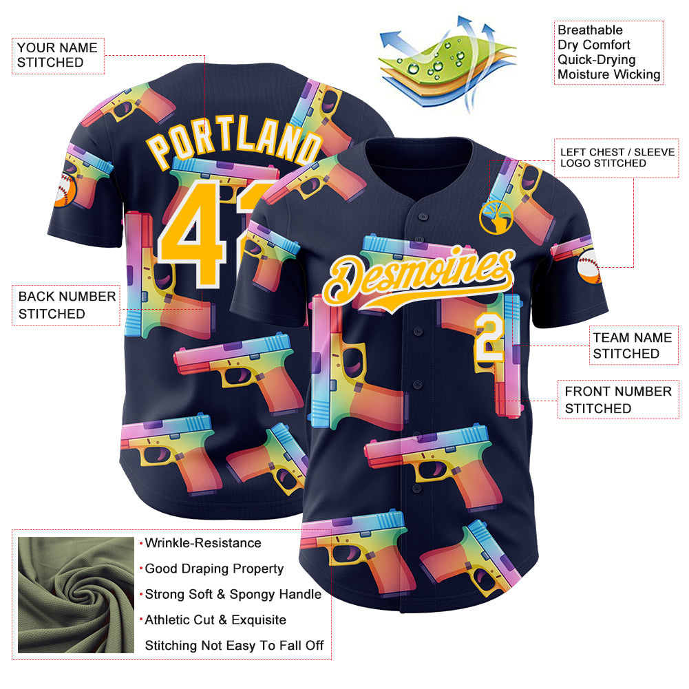 Custom Navy Gold-White Colorful Firepower 3D Pattern Design Authentic Baseball Jersey view 3