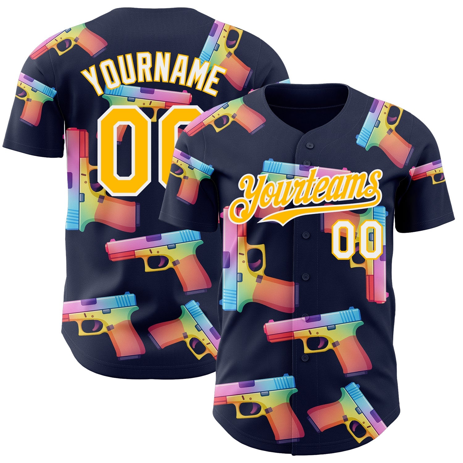 Custom Navy Gold-White Colorful Firepower 3D Pattern Design Authentic Baseball Jersey - Main View