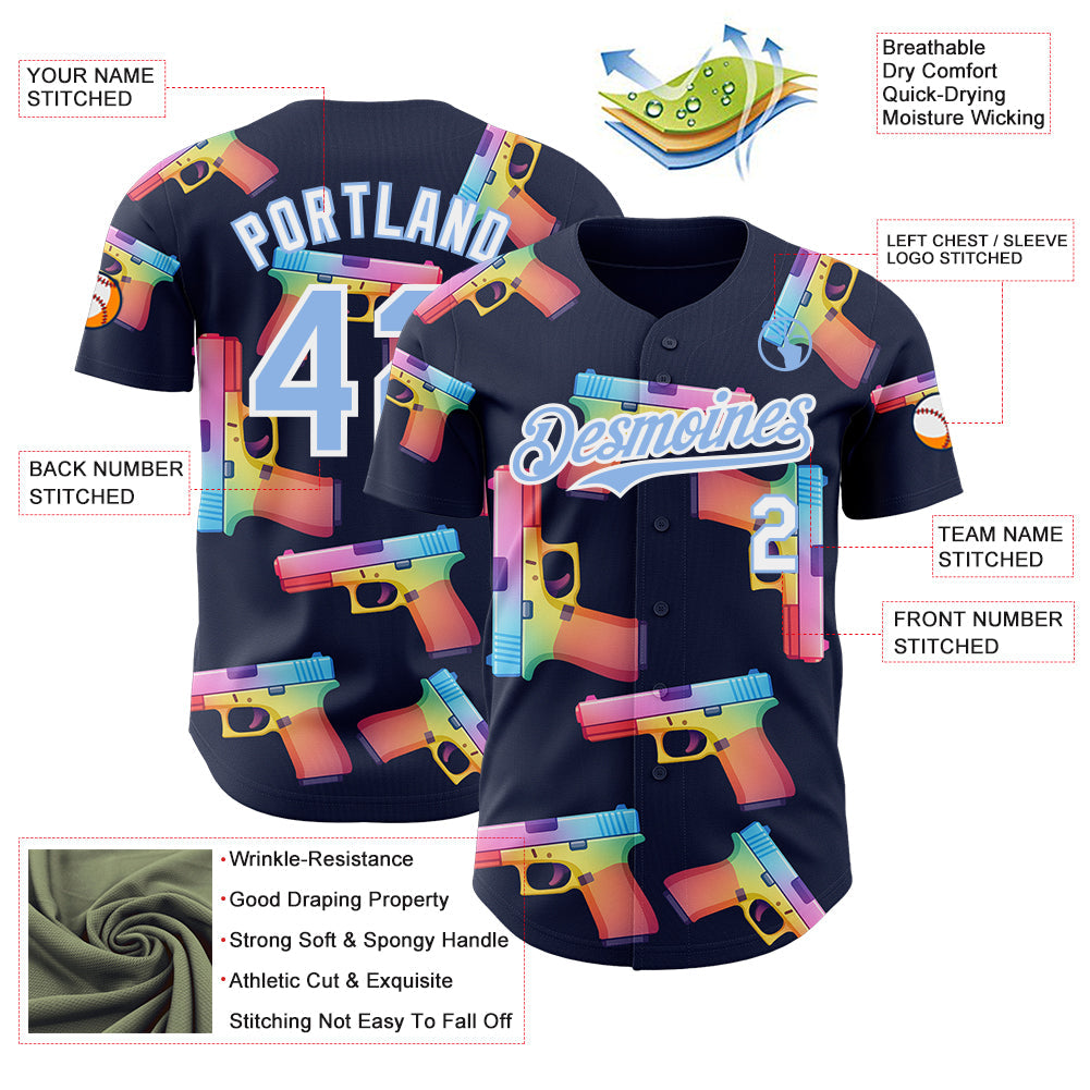 Custom Navy Light Blue-White Colorful Firepower 3D Pattern Design Authentic Baseball Jersey view 3