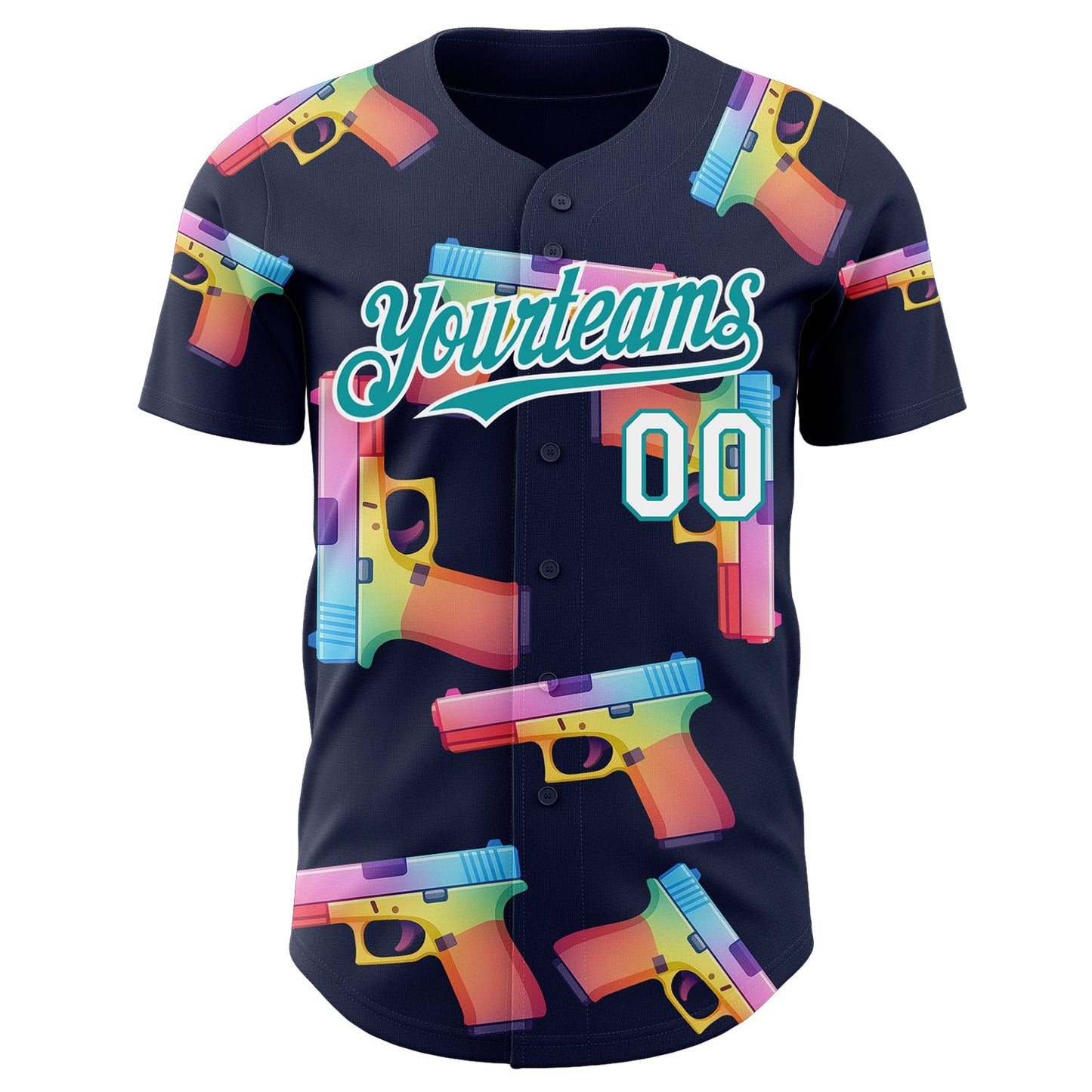 Custom Navy Teal-White Colorful Firepower 3D Pattern Design Authentic Baseball Jersey view 2