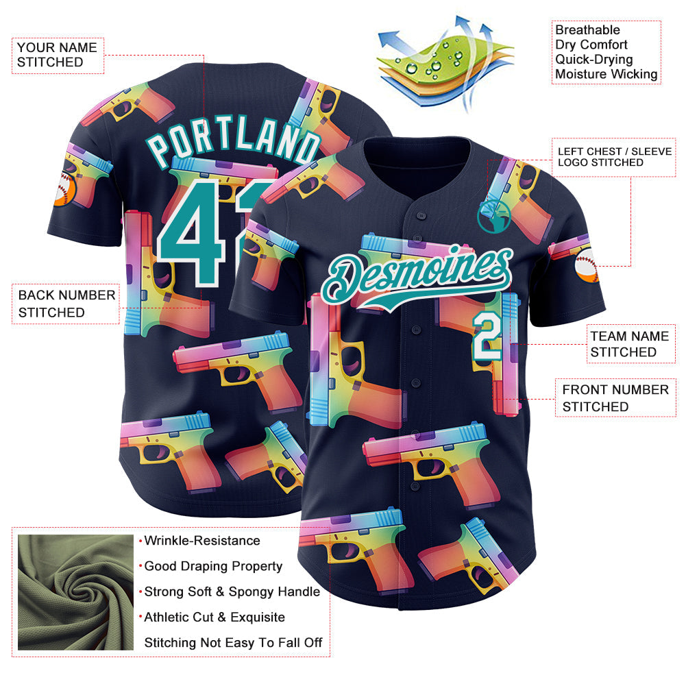 Custom Navy Teal-White Colorful Firepower 3D Pattern Design Authentic Baseball Jersey view 3