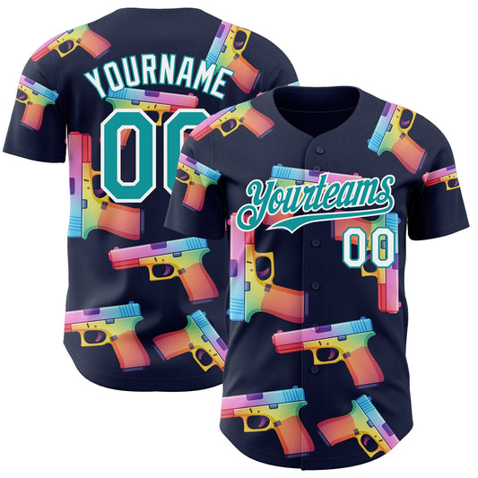 Custom Navy Teal-White Colorful Firepower 3D Pattern Design Authentic Baseball Jersey - Main View