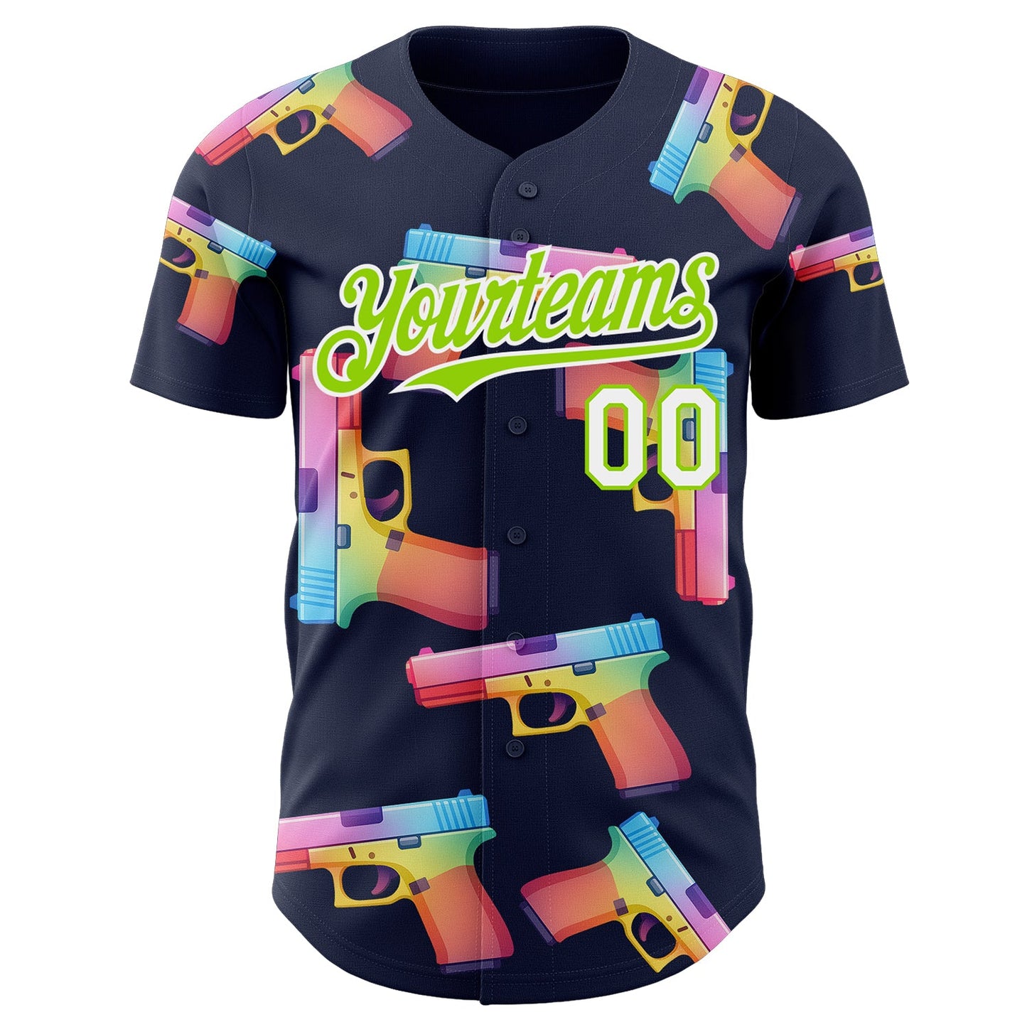 Custom Navy Neon Green-White Colorful Firepower 3D Pattern Design Authentic Baseball Jersey view 2