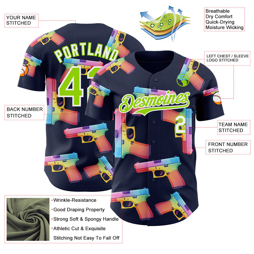 Custom Navy Neon Green-White Colorful Firepower 3D Pattern Design Authentic Baseball Jersey view 3