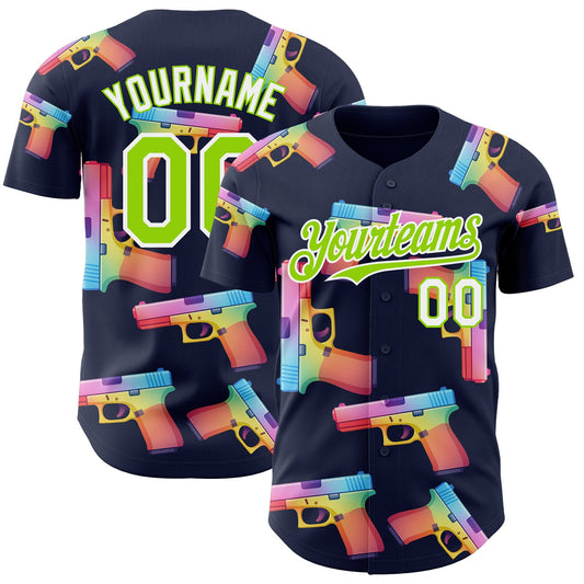 Custom Navy Neon Green-White Colorful Firepower 3D Pattern Design Authentic Baseball Jersey - Main View