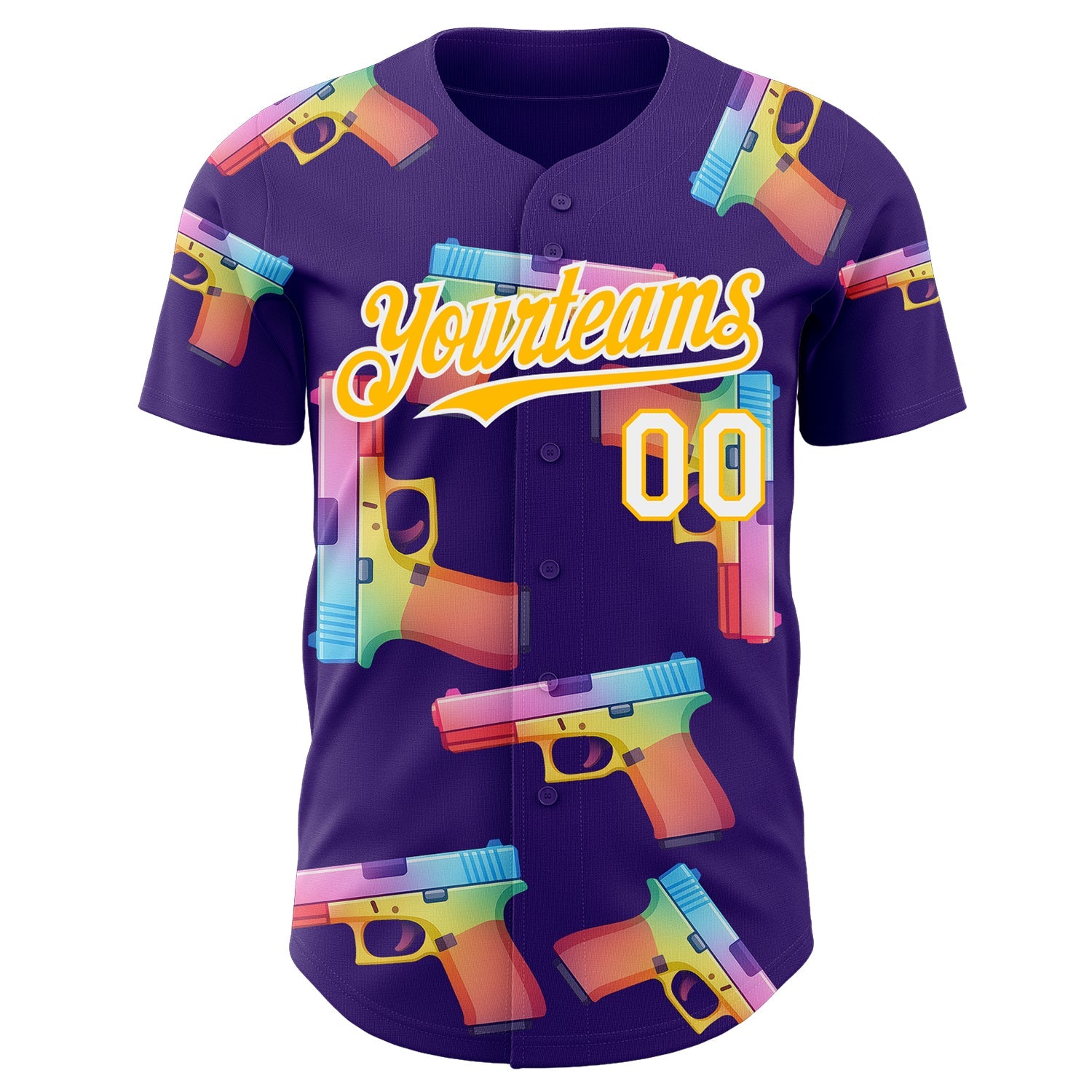 Custom Purple Gold-White Colorful Firepower 3D Pattern Design Authentic Baseball Jersey view 2