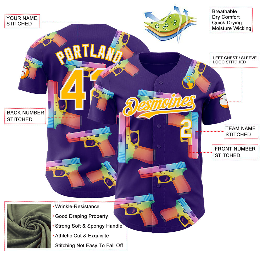 Custom Purple Gold-White Colorful Firepower 3D Pattern Design Authentic Baseball Jersey view 3