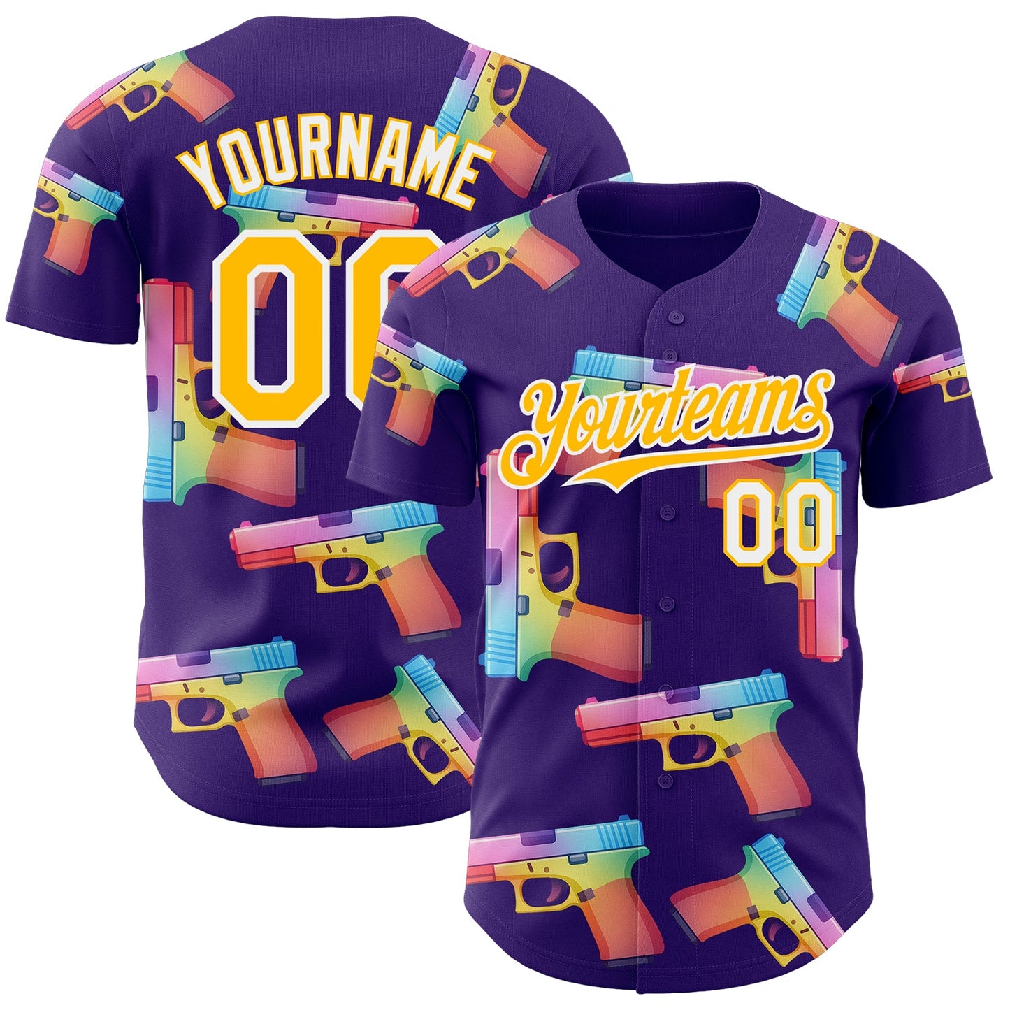 Custom Purple Gold-White Colorful Firepower 3D Pattern Design Authentic Baseball Jersey - Main View