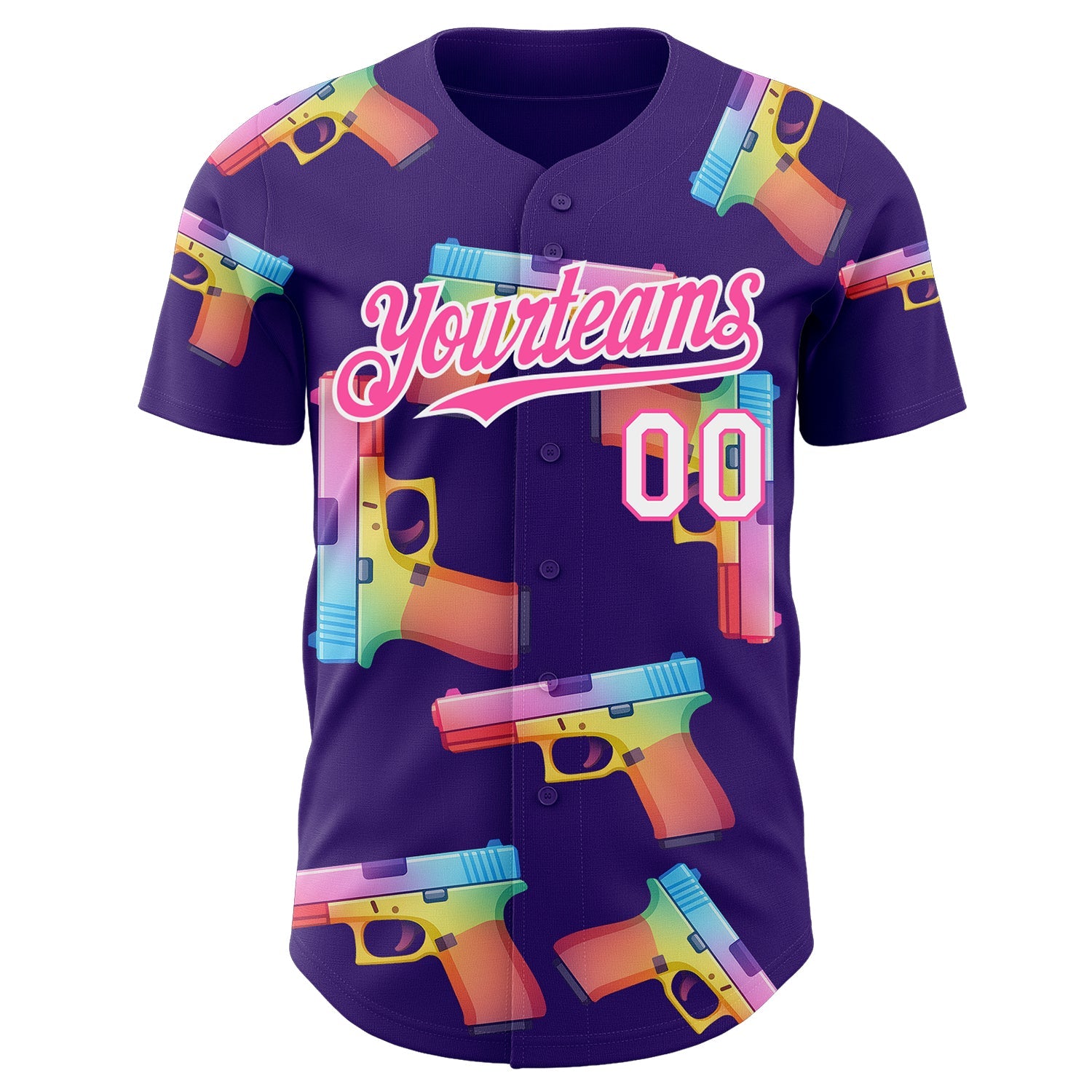 Custom Purple Pink-White Colorful Firepower 3D Pattern Design Authentic Baseball Jersey view 2