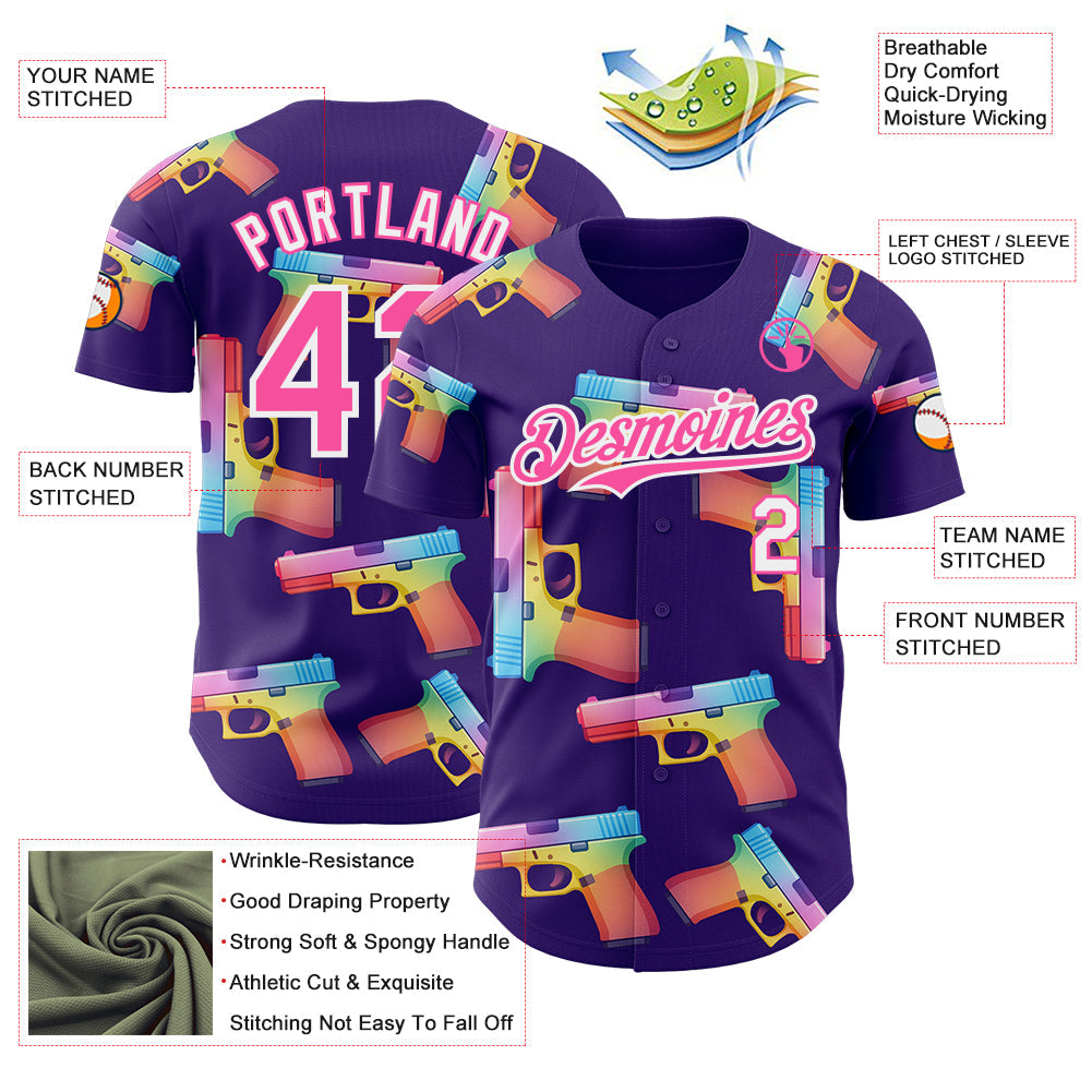Custom Purple Pink-White Colorful Firepower 3D Pattern Design Authentic Baseball Jersey view 3