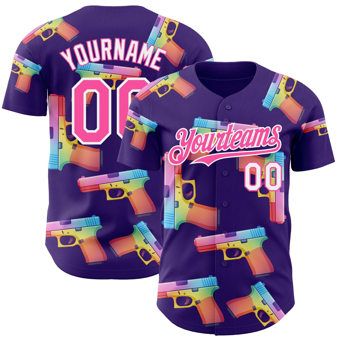 Custom Purple Pink-White Colorful Firepower 3D Pattern Design Authentic Baseball Jersey - Main View