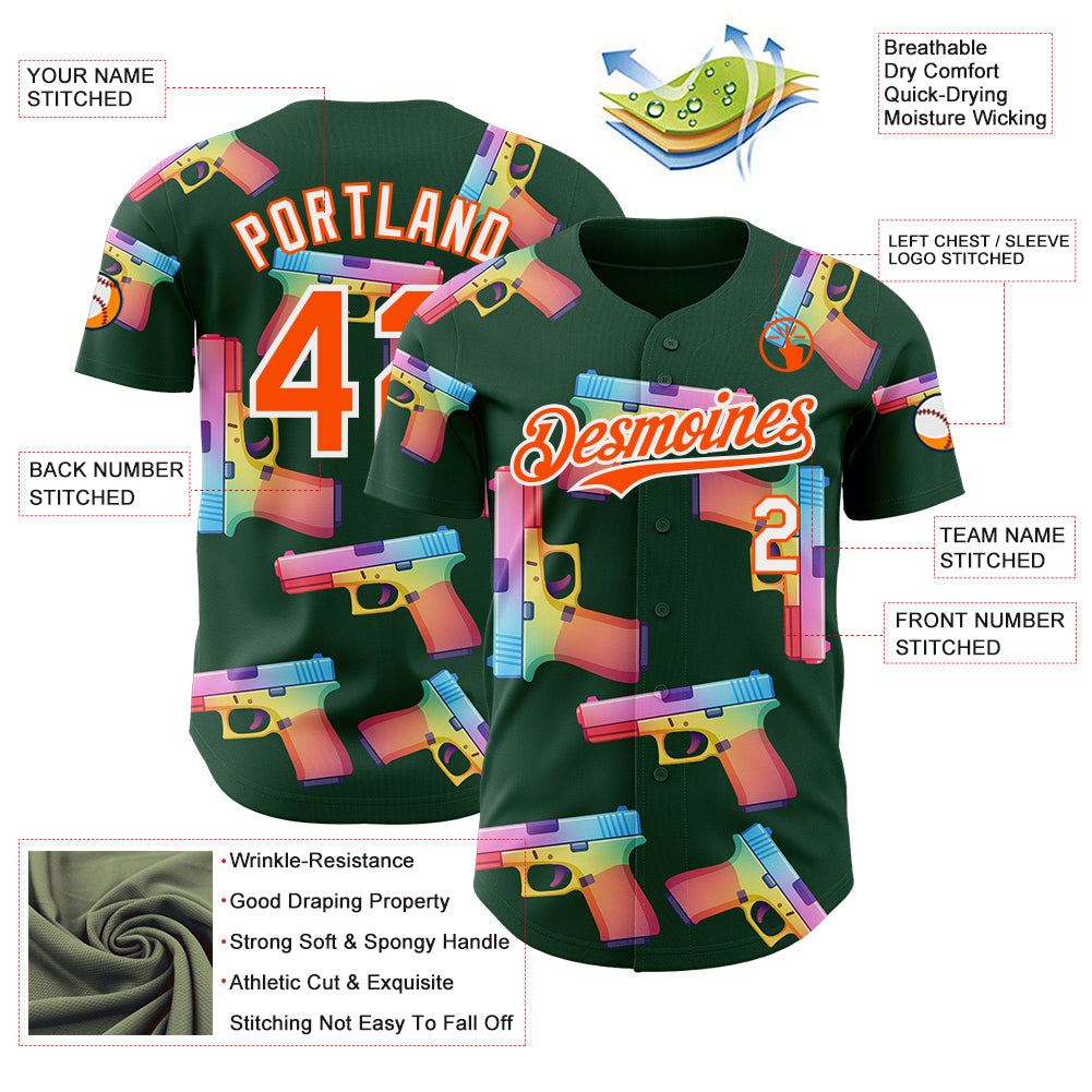 Custom Green Orange-White Colorful Firepower 3D Pattern Design Authentic Baseball Jersey view 3