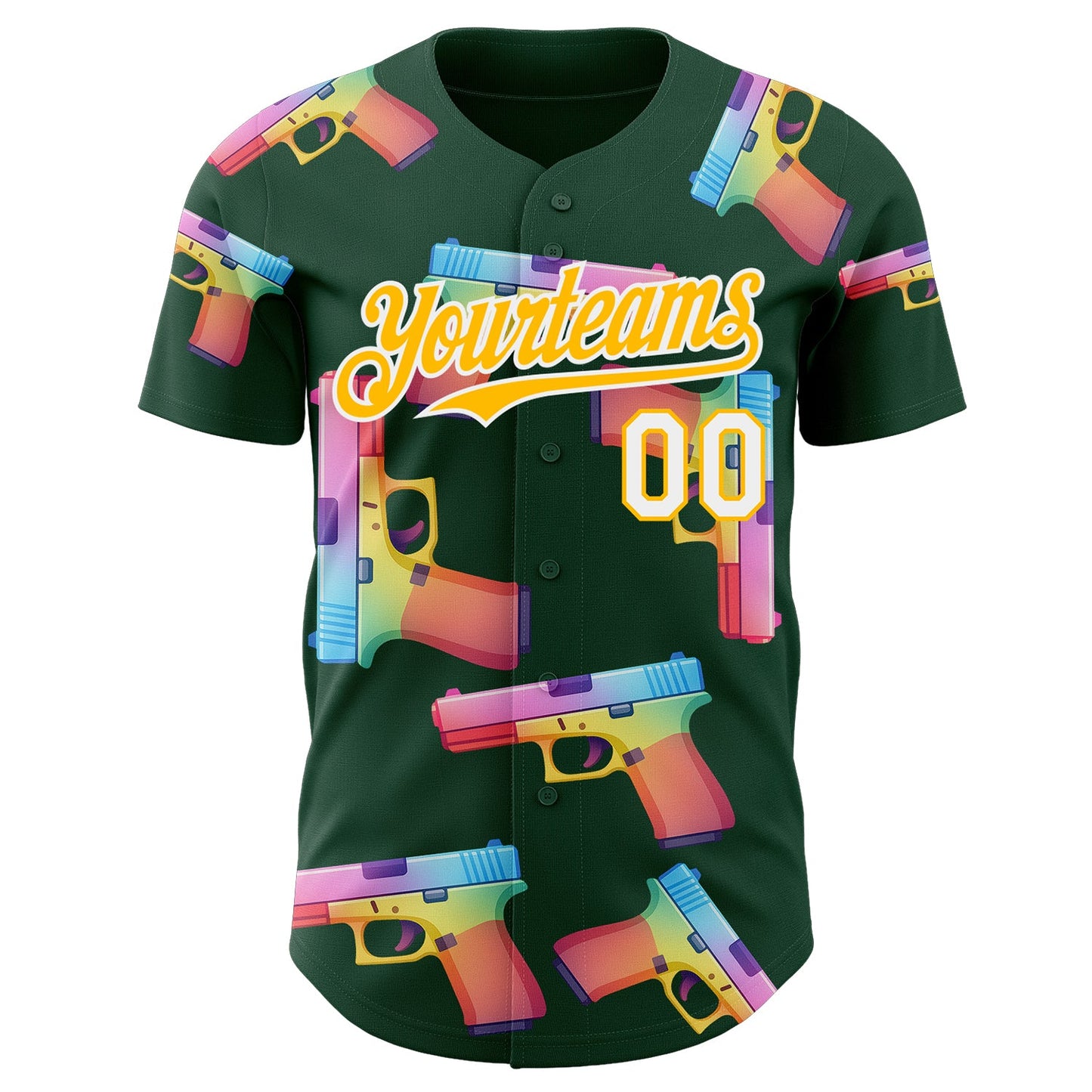 Custom Green Gold-White Colorful Firepower 3D Pattern Design Authentic Baseball Jersey view 2