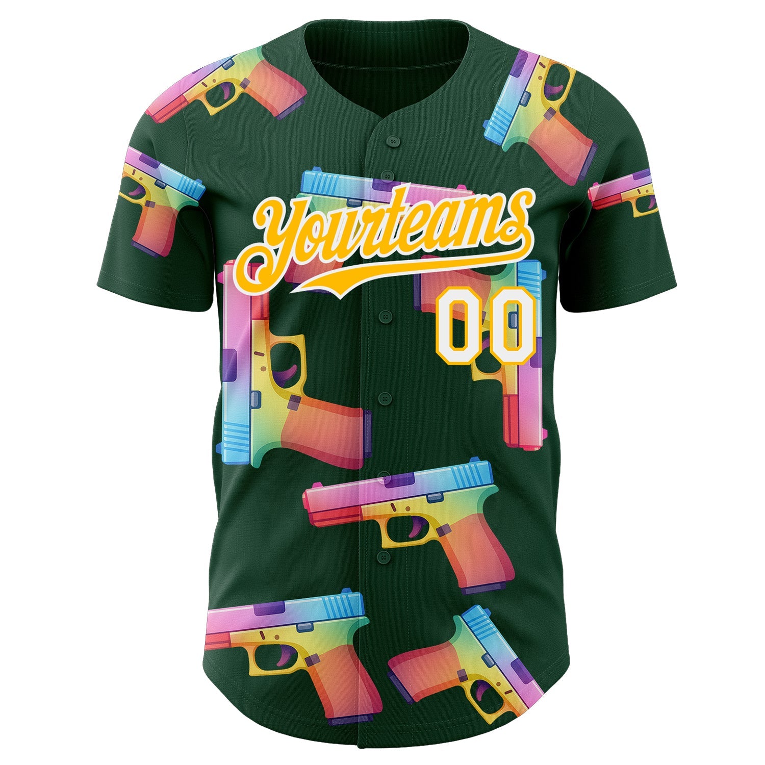 Custom Green Gold-White Colorful Firepower 3D Pattern Design Authentic Baseball Jersey view 2