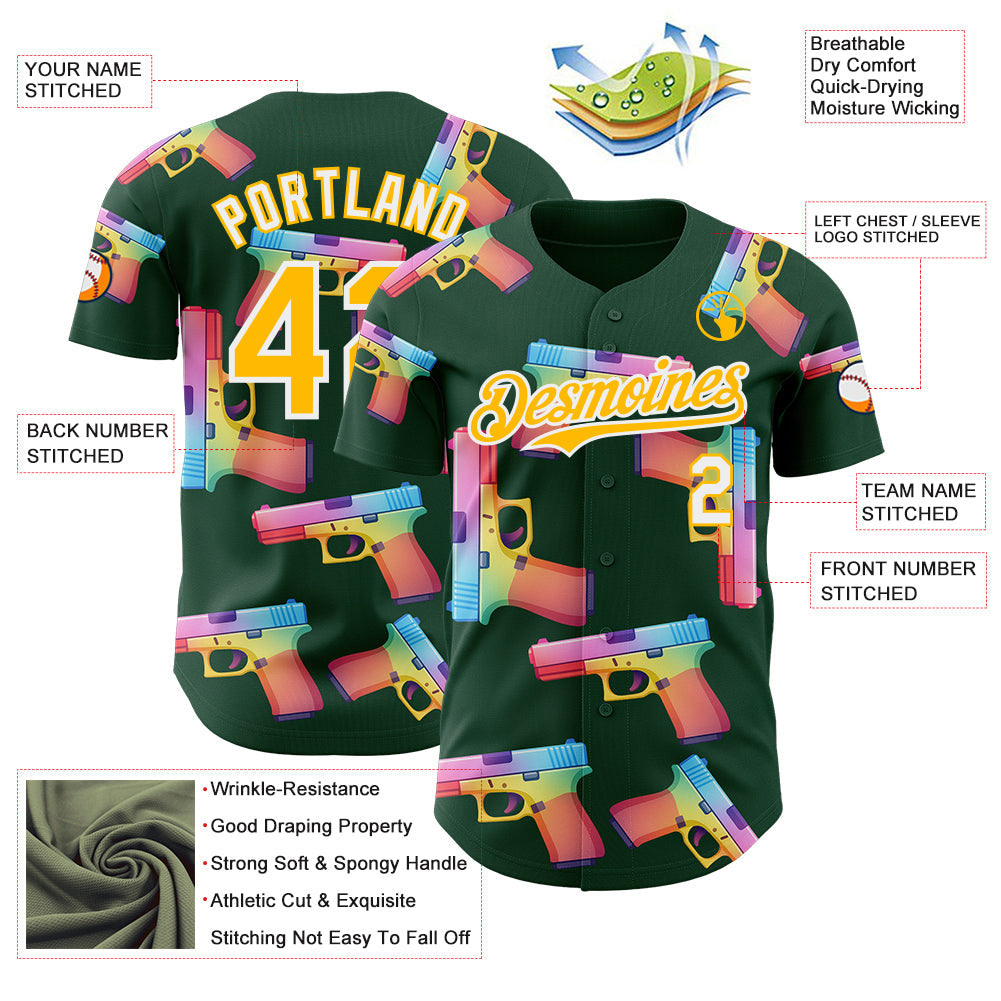 Custom Green Gold-White Colorful Firepower 3D Pattern Design Authentic Baseball Jersey view 3