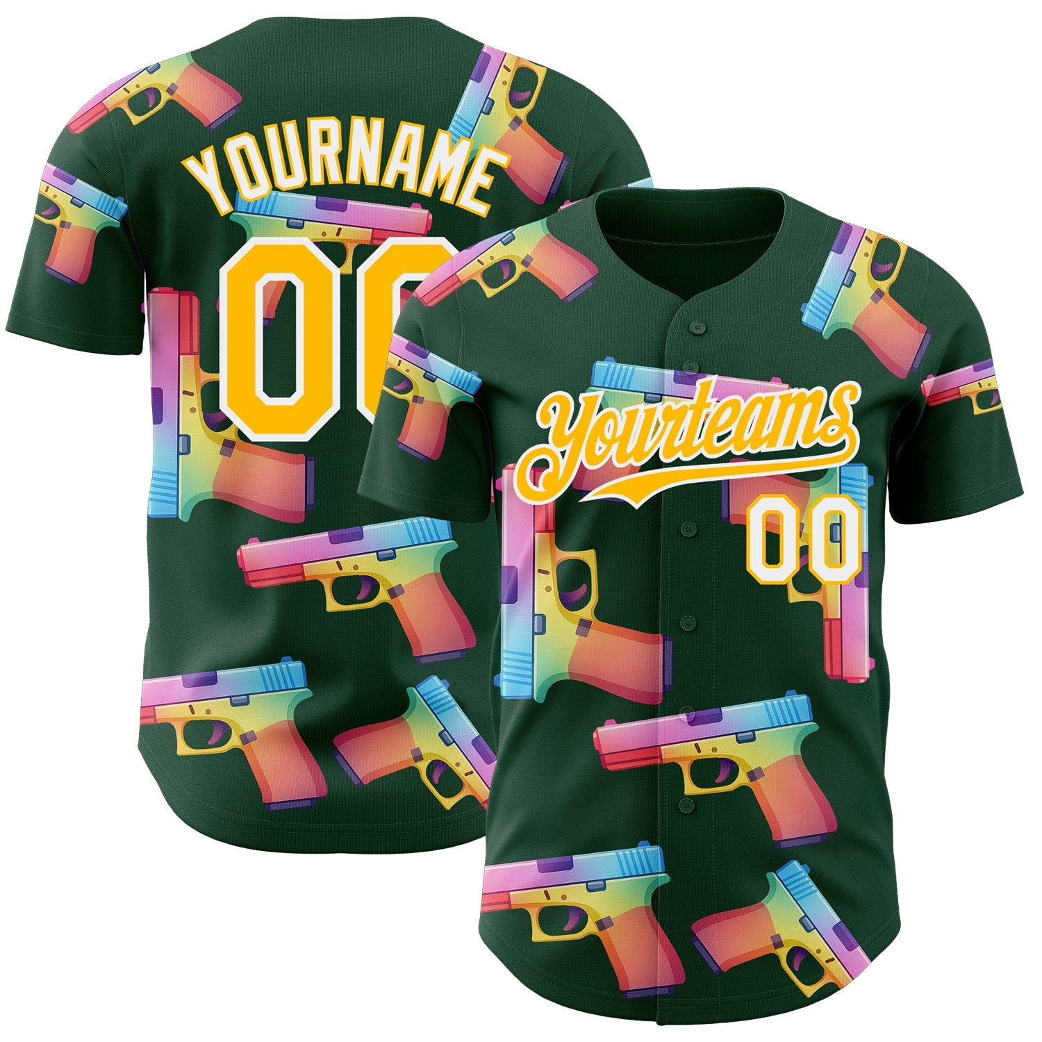Custom Green Gold-White Colorful Firepower 3D Pattern Design Authentic Baseball Jersey - Main View