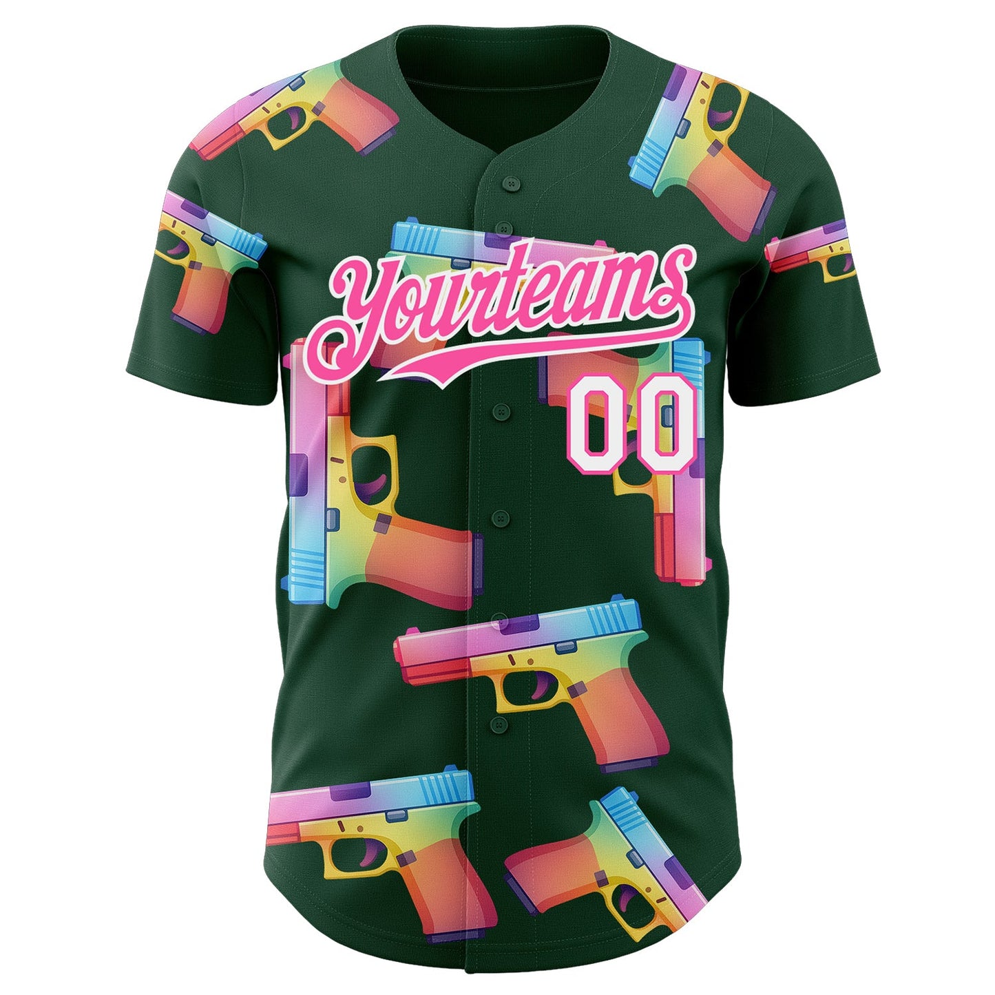 Custom Green Pink-White Colorful Firepower 3D Pattern Design Authentic Baseball Jersey view 2