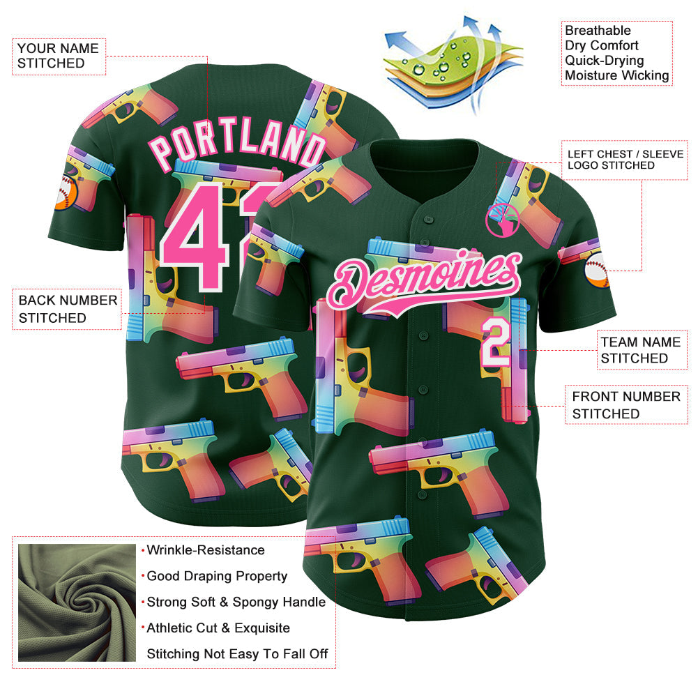 Custom Green Pink-White Colorful Firepower 3D Pattern Design Authentic Baseball Jersey view 3