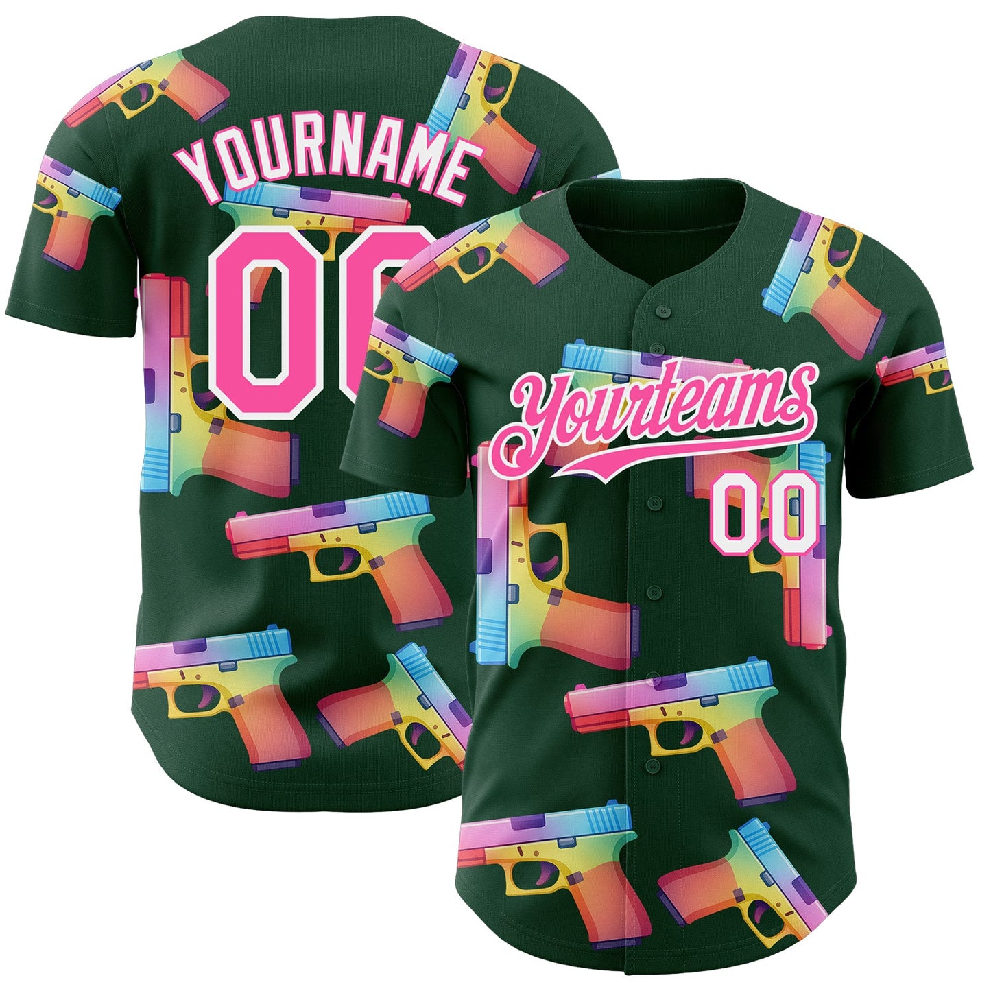 Custom Green Pink-White Colorful Firepower 3D Pattern Design Authentic Baseball Jersey - Main View
