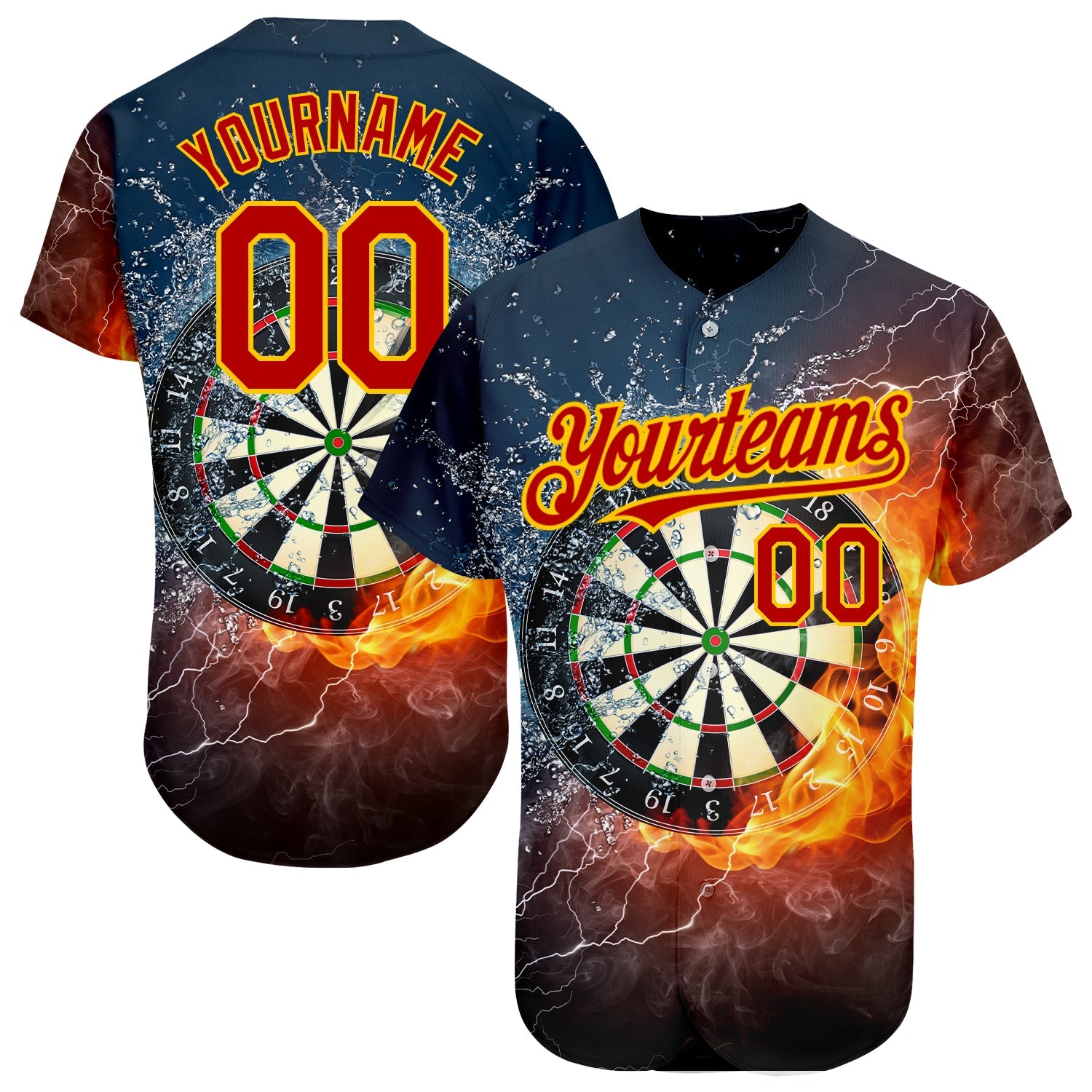 Custom Black Red-Gold 3D Pattern Design Flame Dart Board Authentic Baseball Jersey - Main View