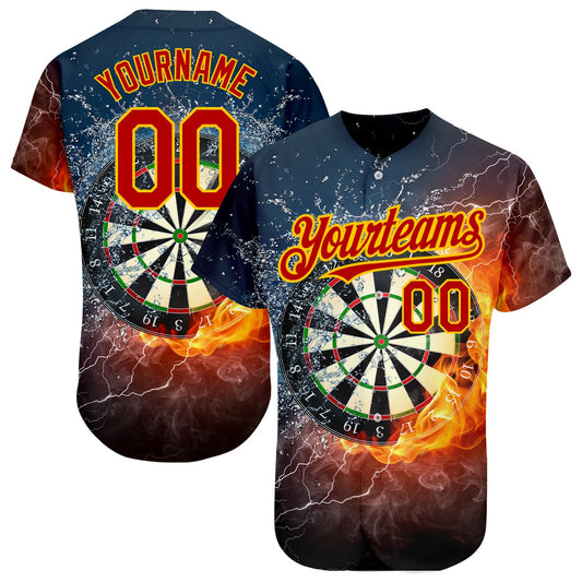 Custom Black Red-Gold 3D Pattern Design Flame Dart Board Authentic Baseball Jersey - Main View