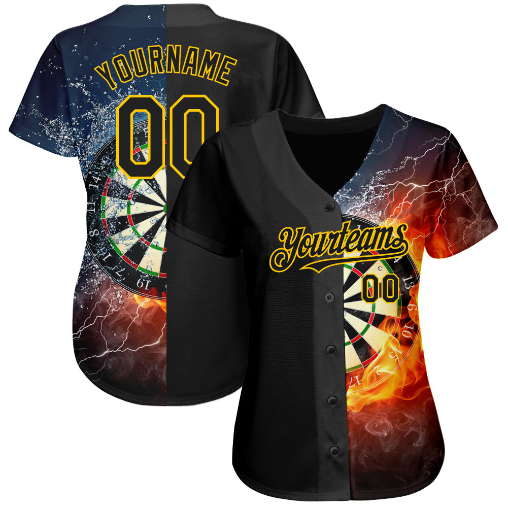 Custom Black Gold 3D Pattern Design Flame Dart Board Authentic Baseball Jersey view 2