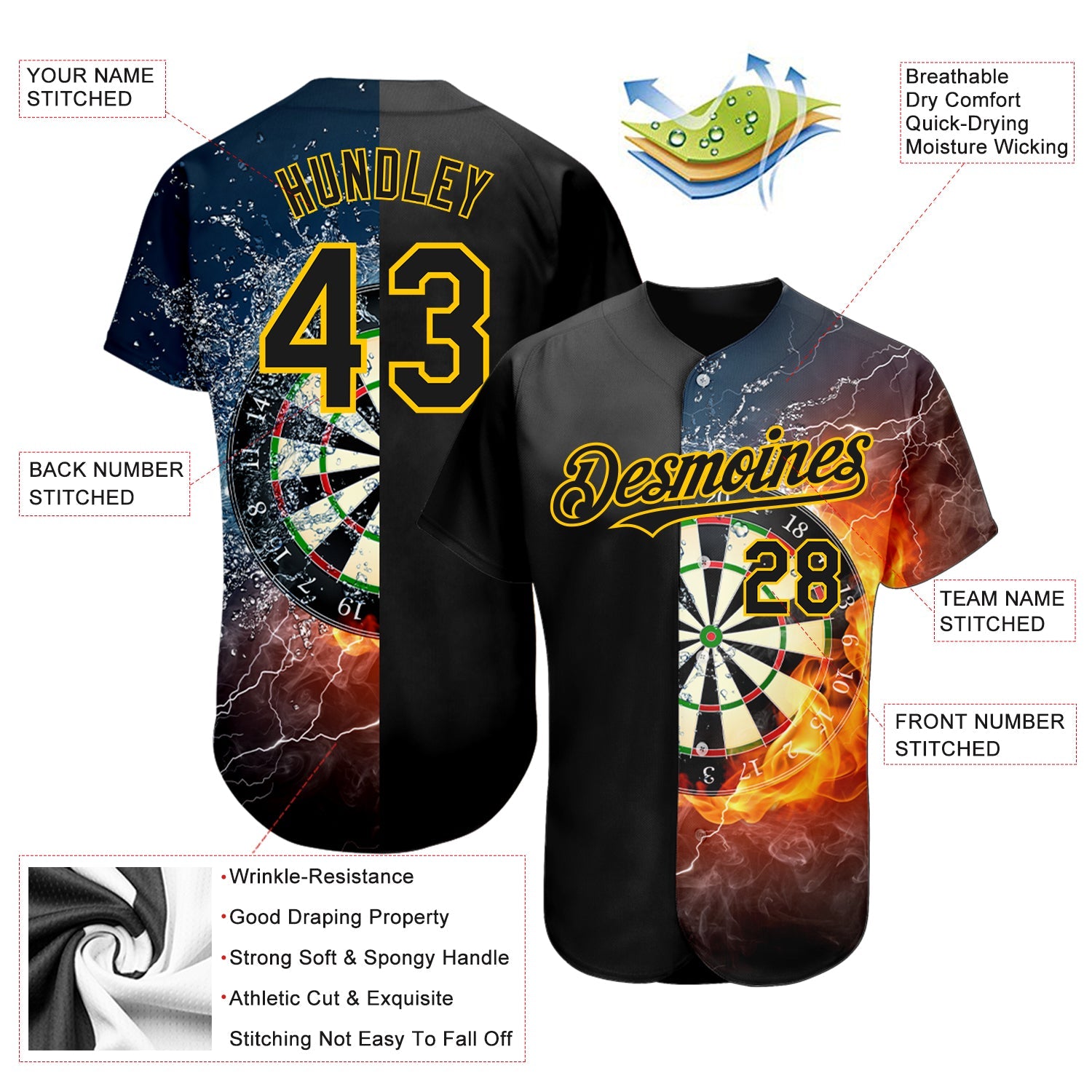 Custom Black Gold 3D Pattern Design Flame Dart Board Authentic Baseball Jersey view 3