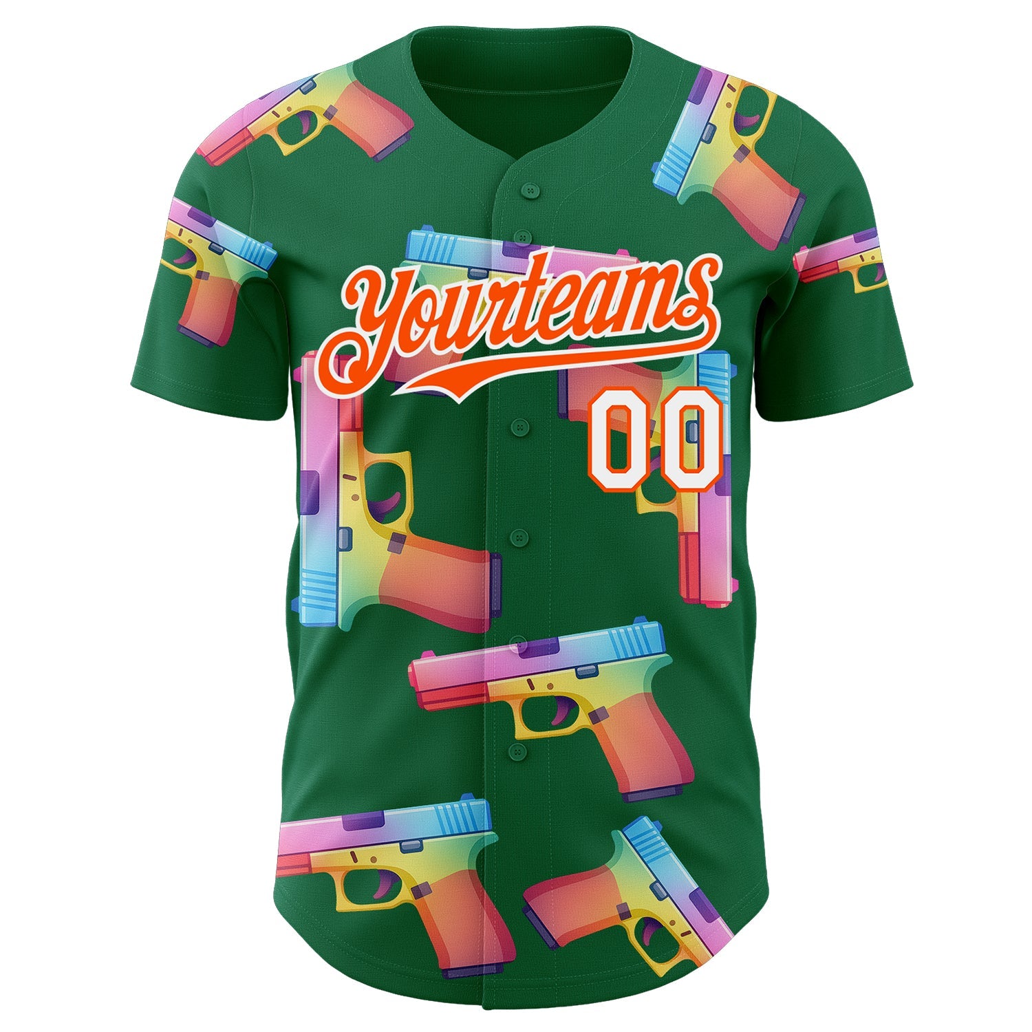 Custom Kelly Green Orange-White Colorful Firepower 3D Pattern Design Authentic Baseball Jersey view 2
