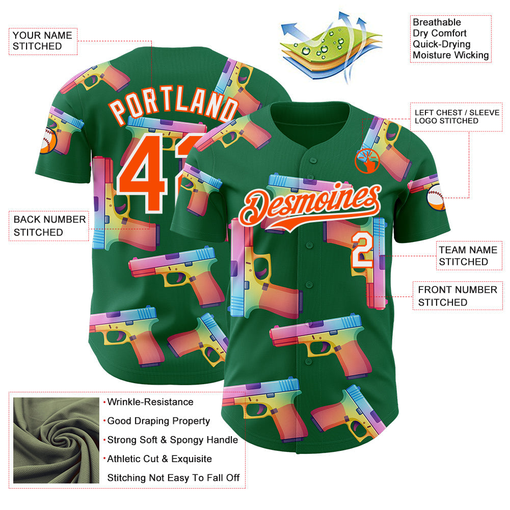 Custom Kelly Green Orange-White Colorful Firepower 3D Pattern Design Authentic Baseball Jersey view 3