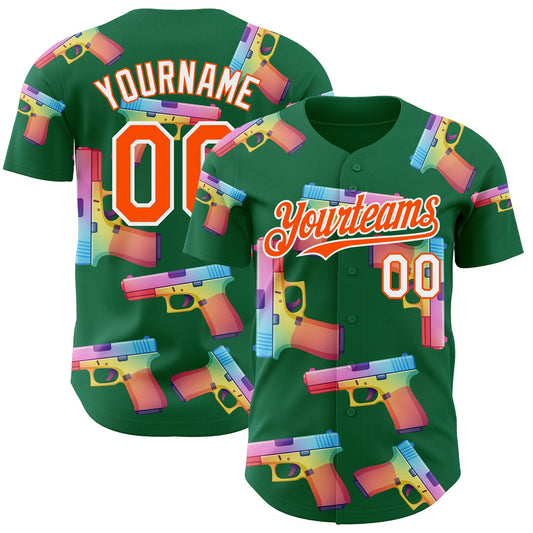 Custom Kelly Green Orange-White Colorful Firepower 3D Pattern Design Authentic Baseball Jersey - Main View