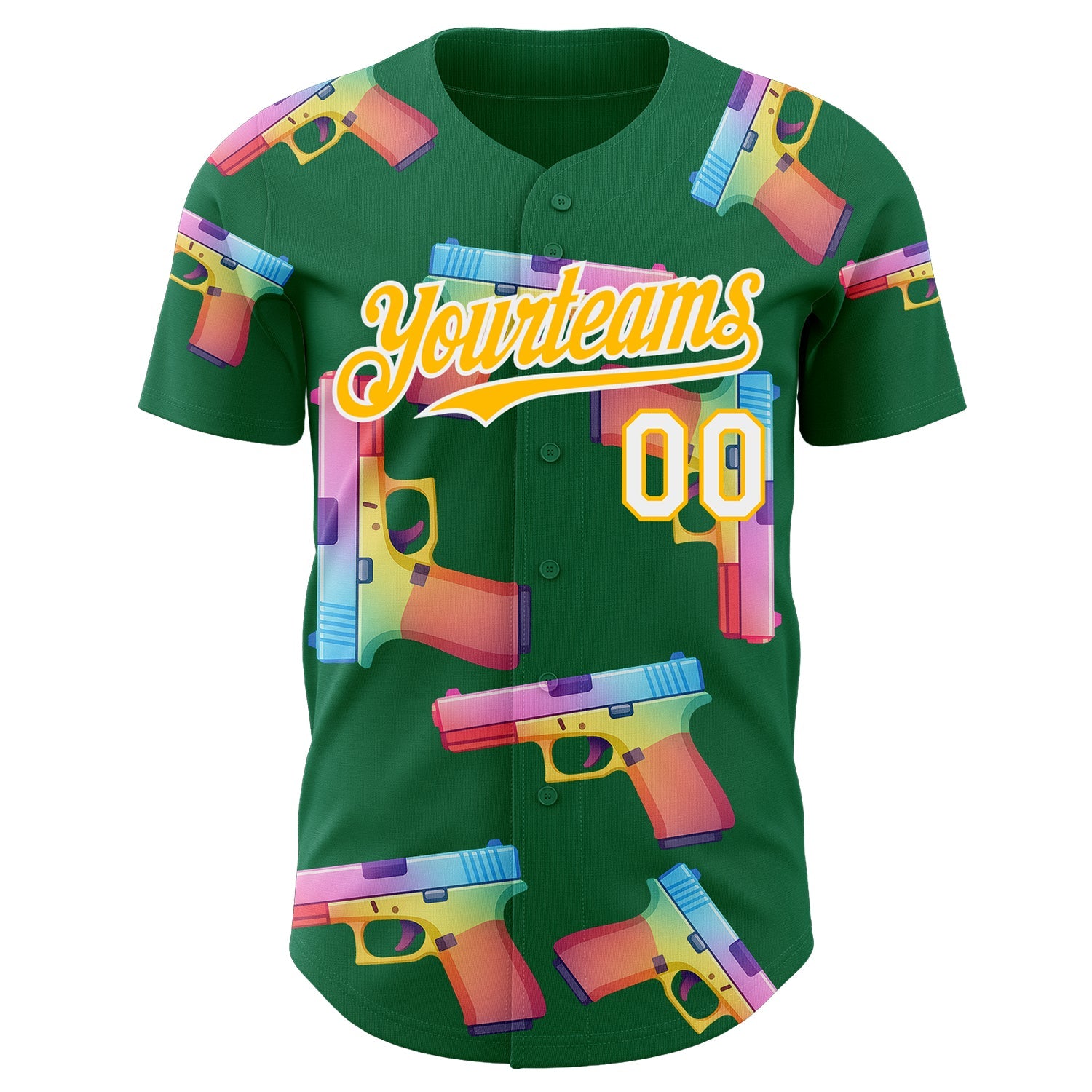 Custom Kelly Green Gold-White Colorful Firepower 3D Pattern Design Authentic Baseball Jersey view 2