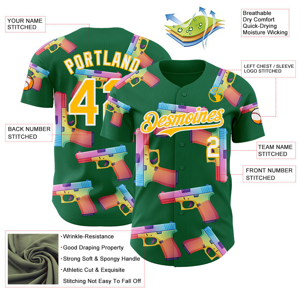 Custom Kelly Green Gold-White Colorful Firepower 3D Pattern Design Authentic Baseball Jersey view 3