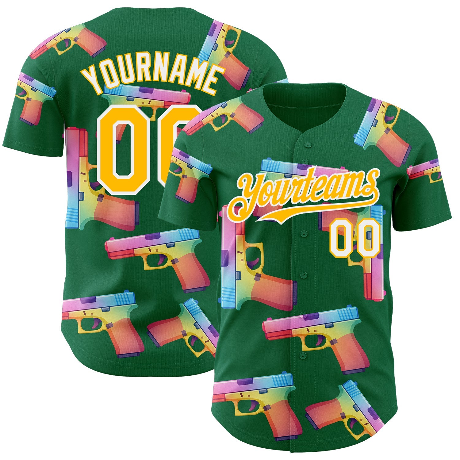 Custom Kelly Green Gold-White Colorful Firepower 3D Pattern Design Authentic Baseball Jersey - Main View