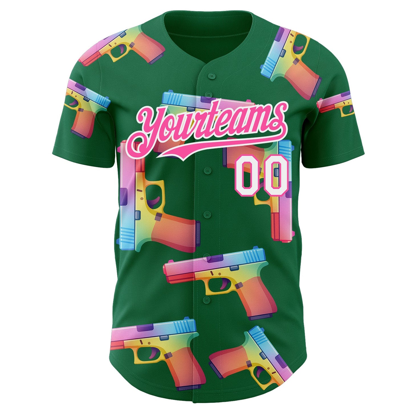 Custom Kelly Green Pink-White Colorful Firepower 3D Pattern Design Authentic Baseball Jersey view 2