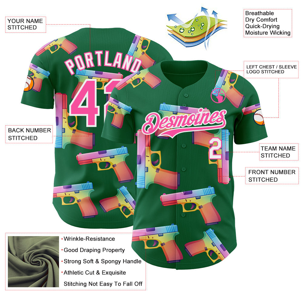 Custom Kelly Green Pink-White Colorful Firepower 3D Pattern Design Authentic Baseball Jersey view 3