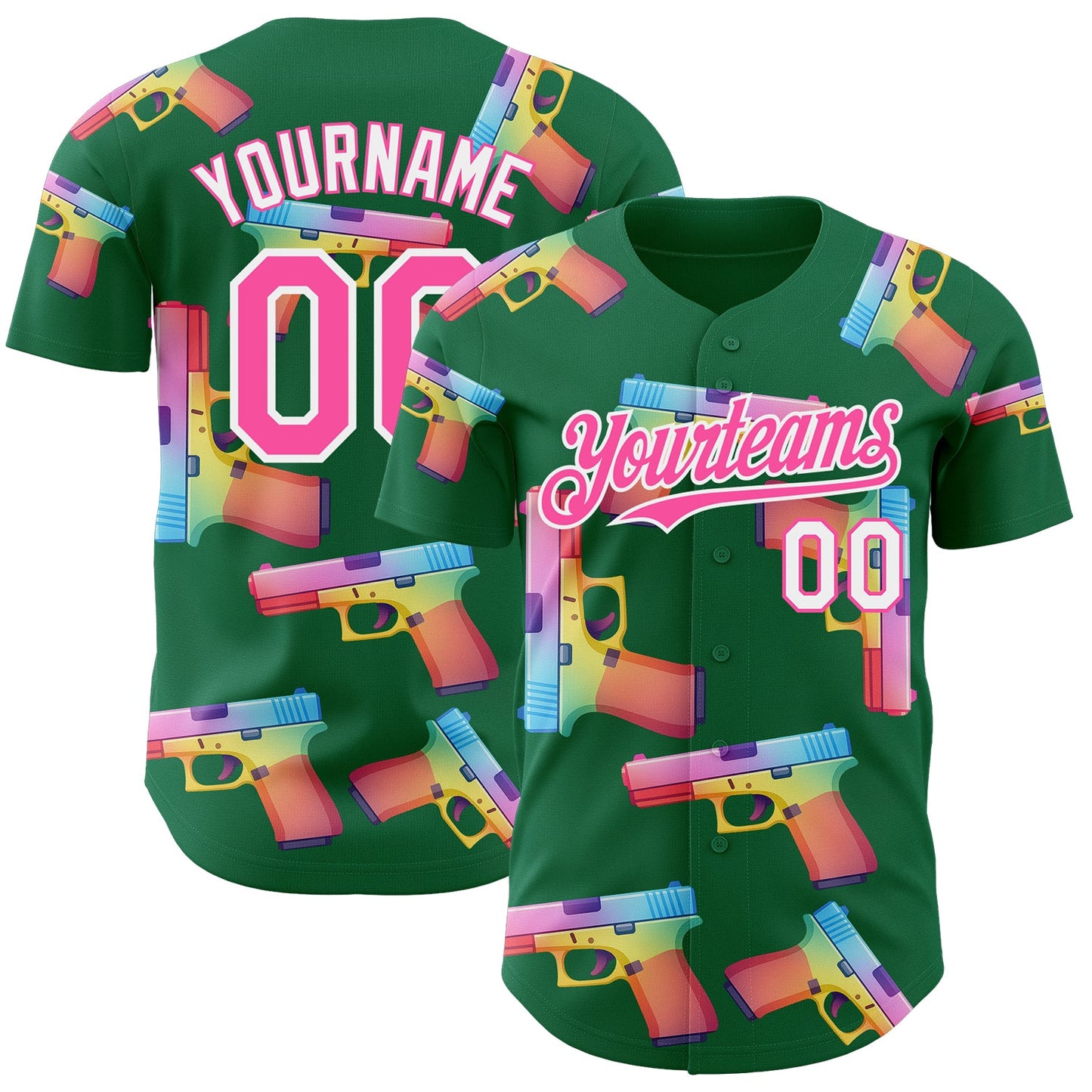 Custom Kelly Green Pink-White Colorful Firepower 3D Pattern Design Authentic Baseball Jersey - Main View