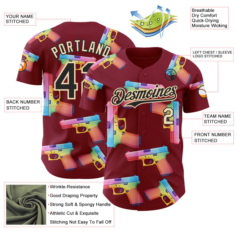 Custom Crimson Black-Cream Colorful Firepower 3D Pattern Design Authentic Baseball Jersey view 3